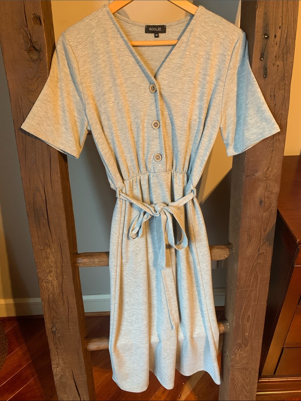 Roolee Heather Women’s Light Gray Button-Front Tie-Waist Midi Dress